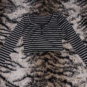 Striped Black and Gray Long Sleeve Crop Top